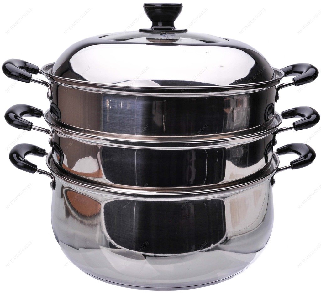M.V. Trading S7330A Stainless Steel 3-Tier Steamer, Clad Base and Induction Ready With Lid High Dome Cover, 30cm, (12-Inches)