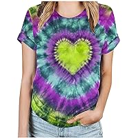 Novelty Tie Dye T-Shirts Women Funny Love Heart Graphic Short Sleeve Shirts Summer Casual Loose Fit V Neck Blouses