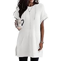 Dokotoo Womens Summer Oversized Shirts 2024 Short Sleeve Drawstring Hoodies Waffle Knit Side Slit Tunic Tops with Pocket