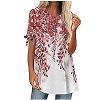3/4 Length Sleeve Womens Tops,Women's Elbow Length T-Shirt Loose Casual Round Neck Short Sleeve Tethered Printed Plus SizeTop