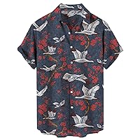 Hawaiian Shirt for Men Blue Khaki Button Up Shirt Men's Hippie Casual T-Shirt Lightweight Cotton T-Shirts Big Tall Top