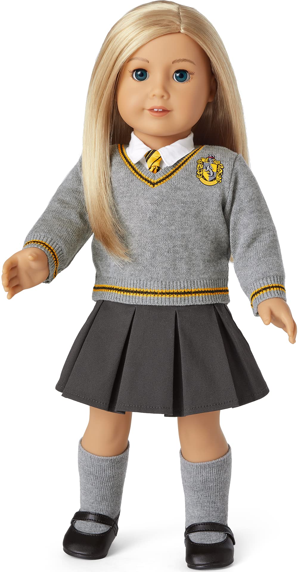 American Girl Harry Potter Hufflepuff 3-Piece Set for 18-inch Dolls with Yellow-and-Black-Trimmed Gray Sweater, Satin tie, Yellow-and-Black Knit Scarf Featuring The Hufflepuff Crest Doll Not Included