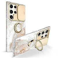 GVIEWIN Marble Bundle - Compatible with Samsung Galaxy S23 Ultra Case with Slide Camera Cover + Phone Ring Holder(Pearlescent/Gold)