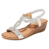 BIGTREE Womens T-Strap Low-Wedge Glitter Diamante Crossover Summer-Sandals
