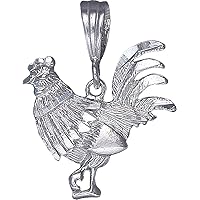 Sterling Silver Rooster Charm Pendant Necklace Diamond Cut Finish with Chain