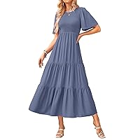 KIRUNDO Women's Casual Summer Flutter Short Sleeve Midi Dress Crew Neck Smocked Tiered A Line Flowy Beach Party Dresses