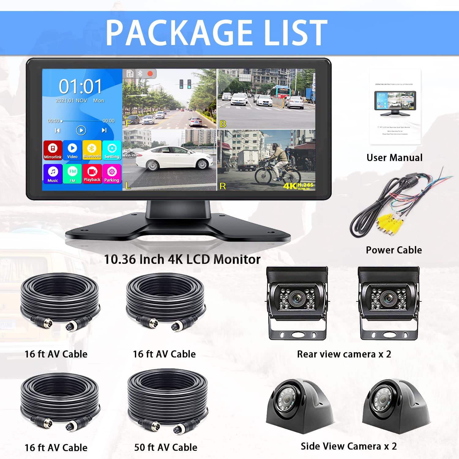 4K RV Backup Camera System with 10.36’’ Monitor for RV Truck Bus Trailer with Rear Side View 4 AHD Camera 4 Splits Touch Screen DVR Recording IP69 Waterproof Bluetooth Music Video Playback Avoid Blind