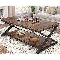 HSH Rustic Coffee Table with Storage Shelf, Industrial Metal Wood Living Room Table, Farmhouse Minimalist Rectangle Center Table, Vintage Simple 2 Tier Cocktail Table Tea Table, Rustic Brown, 47 Inch