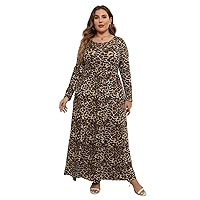 Womens Plus Size Dresses Summer Round Neck Long Sleeve Leopard Print Maxi Dress (Color : Multicolor, Size : 4X-Large)