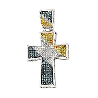Dazzlingrock Collection 0.50 Carat (ctw) Blue,White & Yellow Diamond Mens Hip Hop Religious Cross Pendant, Sterling Silver