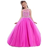 Wenli Girls Sheer Crew Floor Length Ball Gowns Pink Formal Gowns