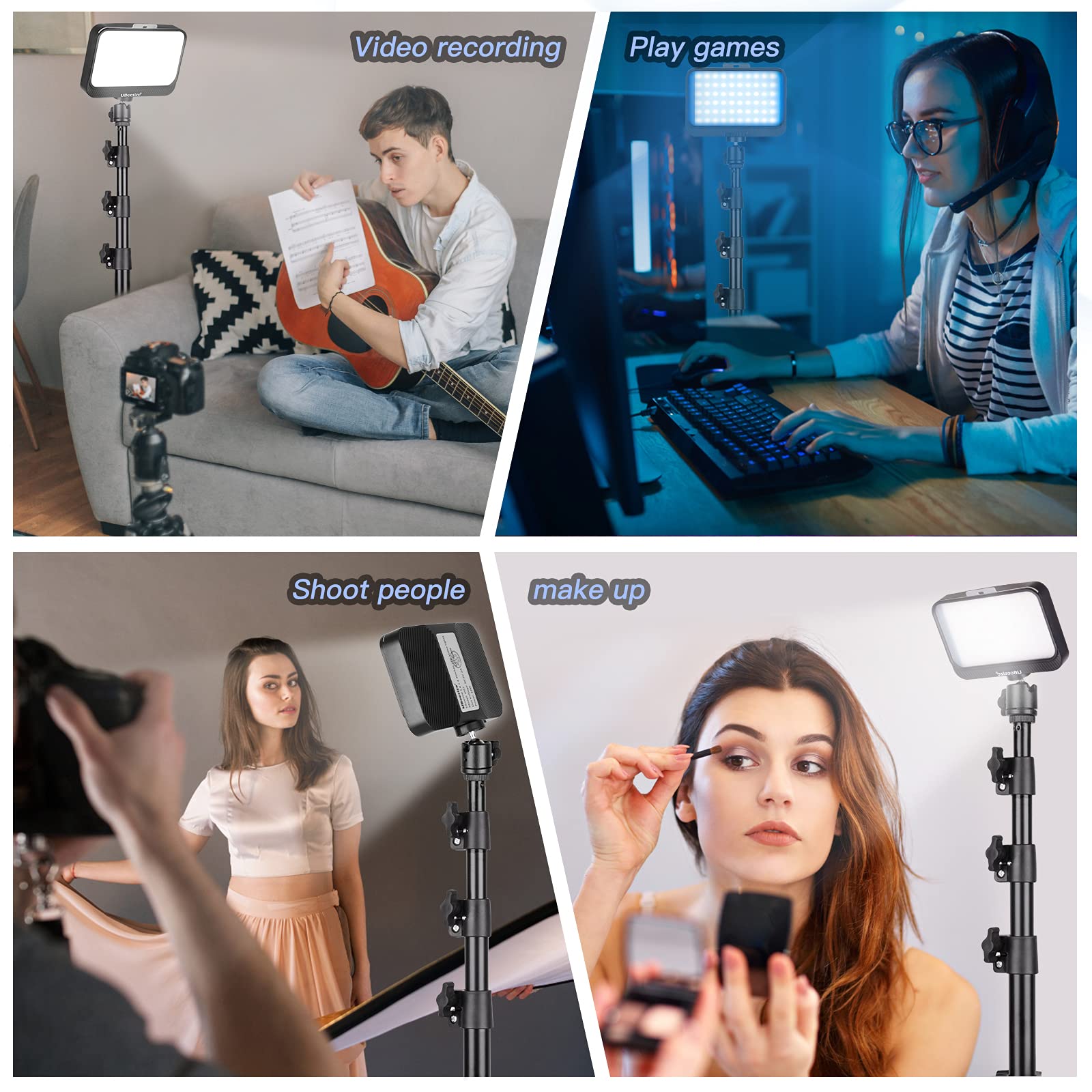 UBeesize LED Video Light Kit, 2Pcs Dimmable Continuous Portable Photography Lighting with Adjustable Tripod Stand & Color Filters for Tabletop/Low-Angle Shooting, for Zoom, Game Streaming, YouTube