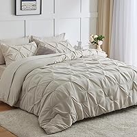 CozyLux King Size Comforter Set - 7 Pieces Comforters King Size Beige, Pintuck Bed in A Bag Pinch Pleat Bedding Sets with All Season Comforter, Flat Sheet, Fitted Sheet and Pillowcases & Shams