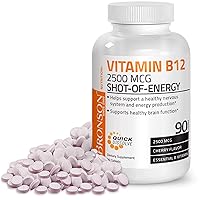 Vitamin B12 2500mcg Shot of Energy Fast Dissolve Chewable Tablets - Quick Release Cherry Flavored Sublingual B12 Vitamin - Supports Nervous System, Healthy Brain Function Energy Production – 90 Count