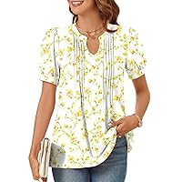 syoss Women's 2024 V-Neck Puff Short Sleeve Pleated Tops Summer Fashion Tunics Casual Blouse T Shirts