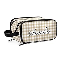 Khaki Buffalo Plaid Check Personalized Makeup Bag, Large Capacity Toiletry Bag Wide Opening Cosmetic Bag for Travel Shower Brush Bag for Hotel Long Travel