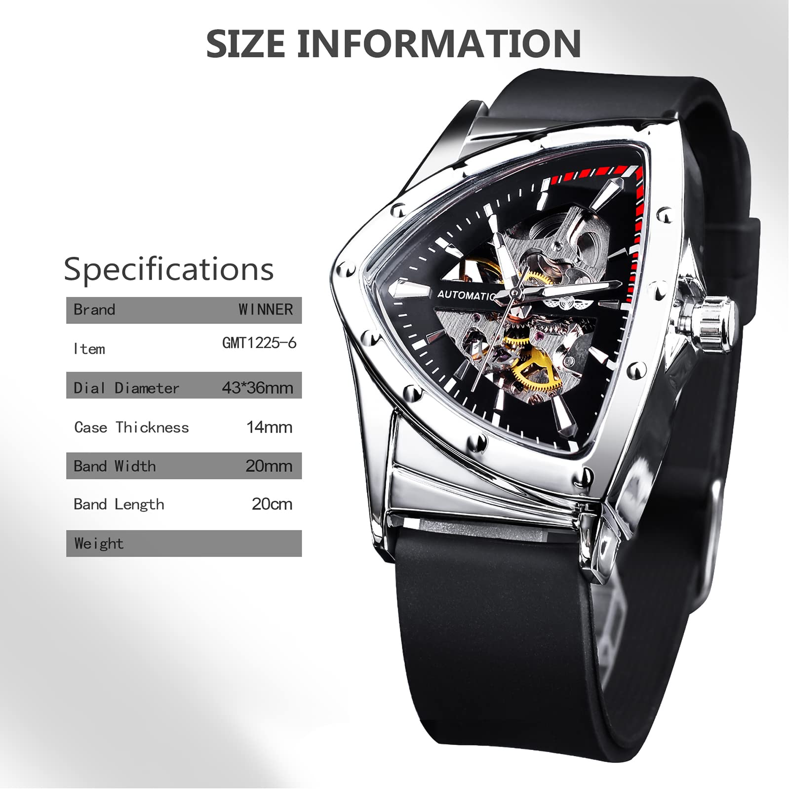 FORSINING Skelett-Uhren für Herren, automatische mechanische Uhr mit dreieckigem Zifferblatt, leuchtende selbstaufziehende Uhren Edelstahl-Armband oder weiches Silikonband