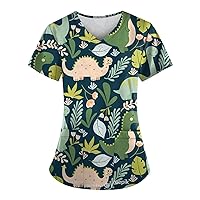 Women V-Neck Short Sleeve Blouse Carer Uniform T Shirt Workwear Print Tees Lightweight Casual Top with Pockets