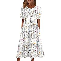 Casual Dresses for Women 2024 Summer Fashion Short Sleeve Dresses Printed Pleated O-Neck Loose Dresses