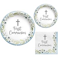 First Communion Blue Party Supplies for 20 People | Paper Plates & Napkins | Inspirational Religious Cross Design