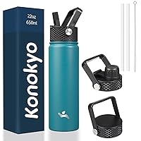 Insulated Water Bottle with Straw,22oz 3 Lids Metal Bottles Stainless Steel Water Flask,Light Blue