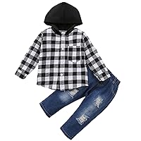 SANGTREE Boy's 2Pcs Outfits, Plaid Hoodie + Jeans, 6 Months - 4 Years