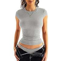 Womens Cap Sleeve Tops Crew Neck Ribbed Knit Tops Fitted Basic Summer Short Sleeve T Shirts
