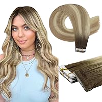 Full Shine Injected Tape in Hair Extensions Machine Virgin Tape in Extensions Color Balayage 2/18/22 Brown And Blonde Seamless Skin Weft Straight Hair 20Gram Intact Invisible Tape 14Inch 10Pcs
