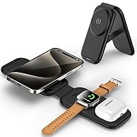 3 in 1 Magnetic Wireless Charging Station for Apple Device, Fast Mag-Safe Charger Stand, Travel Charging Pad for iPhone 15/14/13/12, iWatch Series 9-2, AirPods 3/2/Pro 2/Pro (Adapter Included)