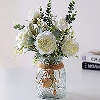 YXZZWL Fake Flowers with Vase, Artificial Silk Roses Bouquet in Vase, Centerpiece Table Decorations for Coffee/ Dining Table, Living Room, Office, Farmhouse，Kitchen，Home Decor (White)