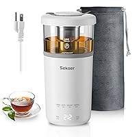Sekaer Travel Electric Tea Kettle, Portable Small Mini Hot Glass Teapot Maker with Infuser, 350ML&400W Fast Heat Personal Water Boiler, BPA-Free White
