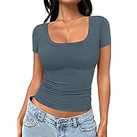 Trendy Queen Womens Tshirts Scoop Neck Ribbed Knit Going Out Crop Basic Spring Summer Outfits Tops Fashion Clothes
