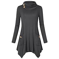 Hibelle Women's Long Sleeve Cowl Neck Asymmetrical Hem Casual Pullover Tunic Tops with Pockets