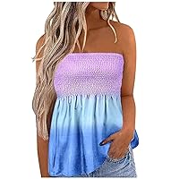 Women Butterfly Print Smocked Off Shoulder Tube Tops Summer Backless Trendy Sexy Casual Loose Fit Sleeveless Shirts