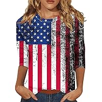 Independence Day 3/4 Sleeve Women's Top 2024, Flag Pattern T-Shirt Casual Plus Size Basic Crewneck Short Sleeve Pullover