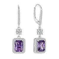 FJ Princess Cut Dangle Drop Earrings 925 Sterling Silver Halo Square Leverback Earrings Birthstone Jewellery Gifts for Women Girls