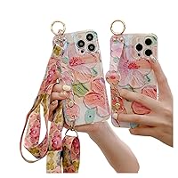 Soft Oil Painting Flowers Bracket Phone Case for Samsung Galaxy A52 A32 A22 A12 A42 4G 5G, Wrist Strap, Lanyard, Stand Back Cover, Popular Rhinestone Shell(Peach Blossom,A52 4G/5G)