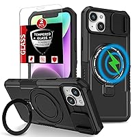 Magnetic for iPhone 14 Plus Case Compatible with MagSafe ＆ Wireless Charging,Graded Drop Protection,with Hidden Kickstand ＆ Camera Cover,with 2 Screen Protectors iPhone 14 plus Case Men Black
