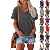 Short Sleeve Shirts for Women V Neck Cute Summer Tops Casual Plain T Shirts 2024 Dressy Blouses with Pocket