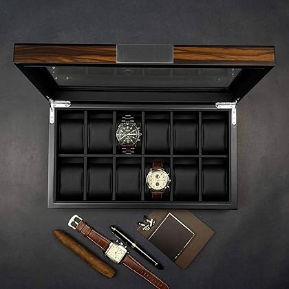 Lifomenz Co 12 Watch Box for Men Watch Display Case Wood Luxury Watch Box with Large Glass Window,Watch Organizer Box with Ultra Smooth PU Leather Interior