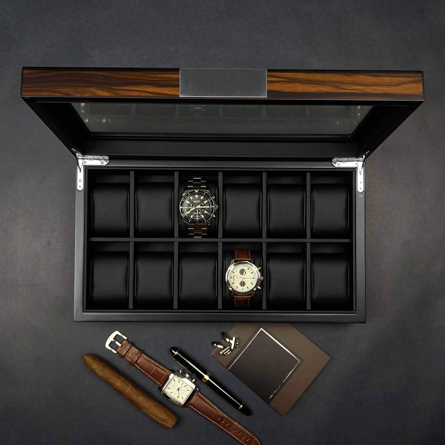Lifomenz Co 12 Watch Box for Men Watch Display Case Wood Luxury Watch Box with Large Glass Window,Watch Organizer Box with Ultra Smooth PU Leather Interior