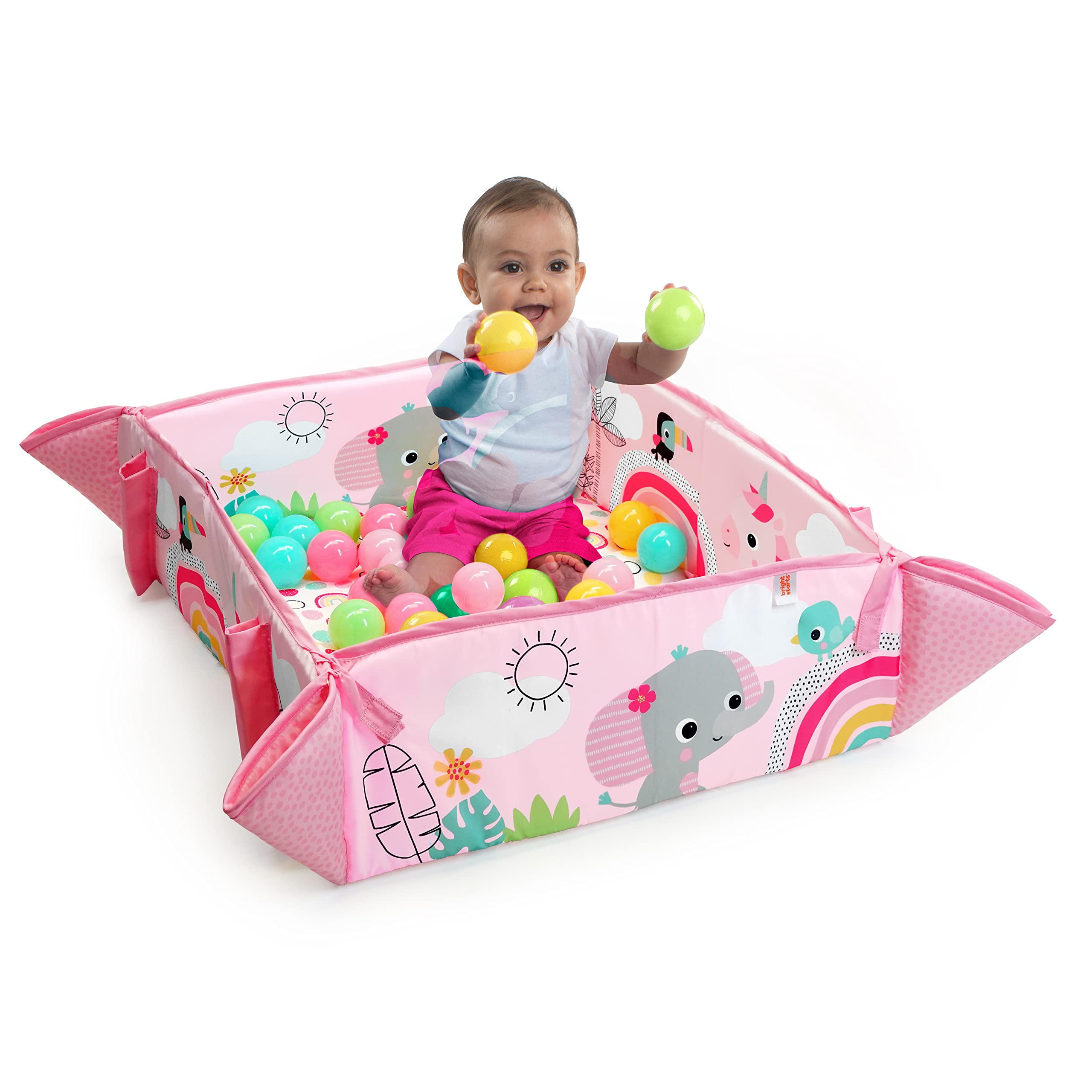 Bright Starts 5-in-1 Your Way Ball Play Baby Activity Play Gym & Ball Pit, includes 7 toys, Newborn to Toddler - Rainbow Tropics (Pink)