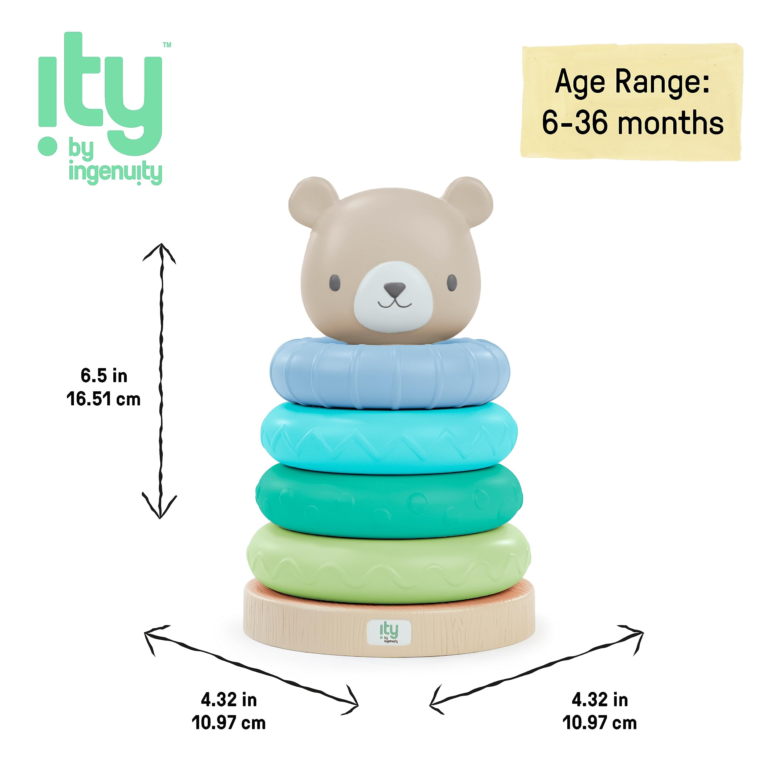 ity by Ingenuity Cutie Stacks, 4 BPA-Free Rings, Faux Wood Stand, Bear Topper, Unisex, for Ages 6 Months and Up - Nate