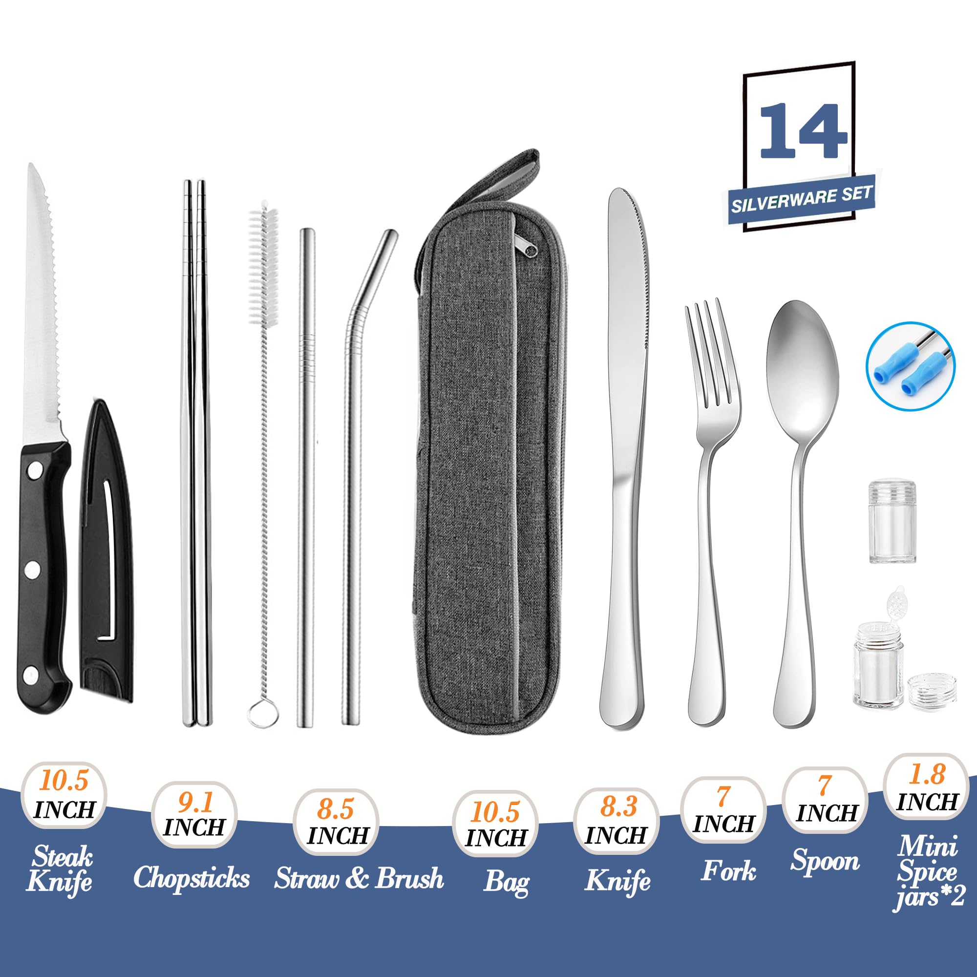 Portable Reusable Travel Utensils Silverware with Case,Travel Camping Cutlery set,Chopsticks and Straw, Flatware Cutlery Set with Case, Stainless steel Travel Utensil set Top (Silver)