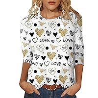 Womens Valentine's Day Blouses 3/4 Sleeve Crewneck Shirts Cute Love Heart Print Tops Sexy Trendy Tees Shirt