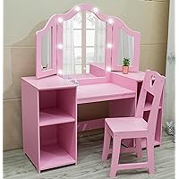 Kids Vanity Table, Girls Vanity withTouch Light Detachable Tri-Folding Mirror, Open Storage Shelves, Wood Makeup Playset with Chair, Princess Vanity Table for Toddlers