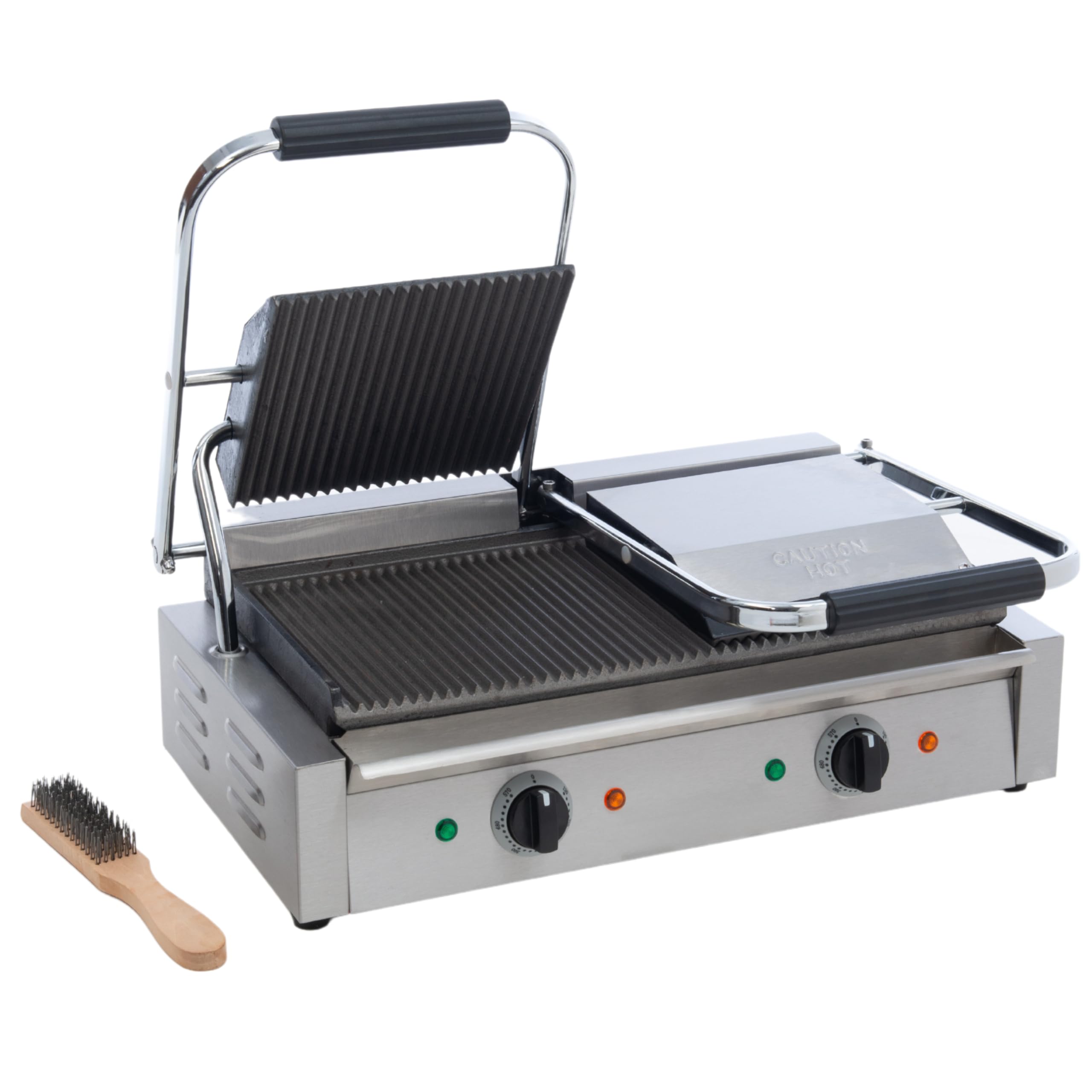 FSE SG-813 Double Electric Sandwich Panini Grill with Cast Iron Grooved Plates, Stainless Steel, Oil Tray, 120v