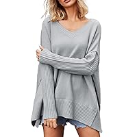 Women's Drop Shoulder V Neck Sweater Loose Oversized Jumper Ribbed Hem Pullover Tops Soft Knit Chenille Sweaters