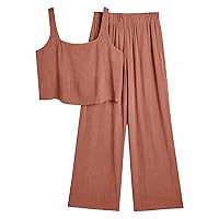 AUTOMET 2 Piece Summer Outfits for Women Casual Soft Lounge Matching Sets Two Piece Linen Crop Top Pants 2024 Fashion Clothes