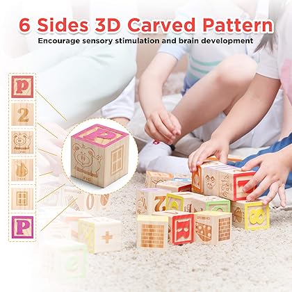 SainSmart Jr. Wooden ABC Blocks 40PCS Stacking Blocks Baby Alphabet Letters, Counting, Building Block Set with Mesh Bag for Toddlers
